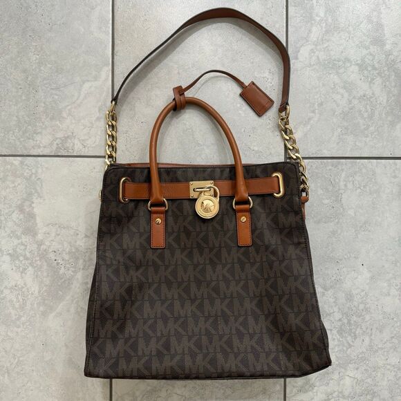 Michael Kors Hamilton Large Logo MK Signature Brown Gold Lock Bag Handbag - Picture 1 of 11